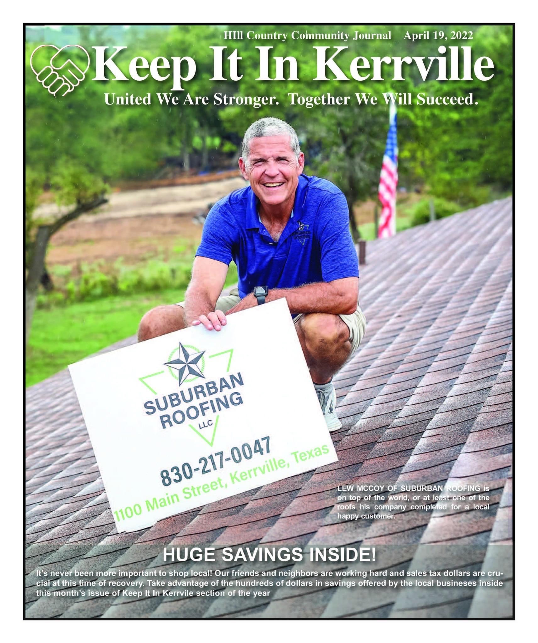 Lew McCoy, owner of Suburban Roofing, on a completed roof in Kerrville TX